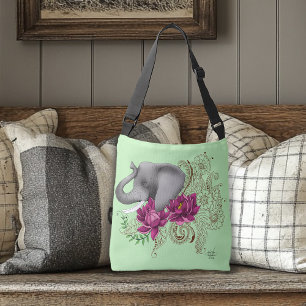 Floral Elephant Pink Lotus Henna Mandala Green Crossbody Bag