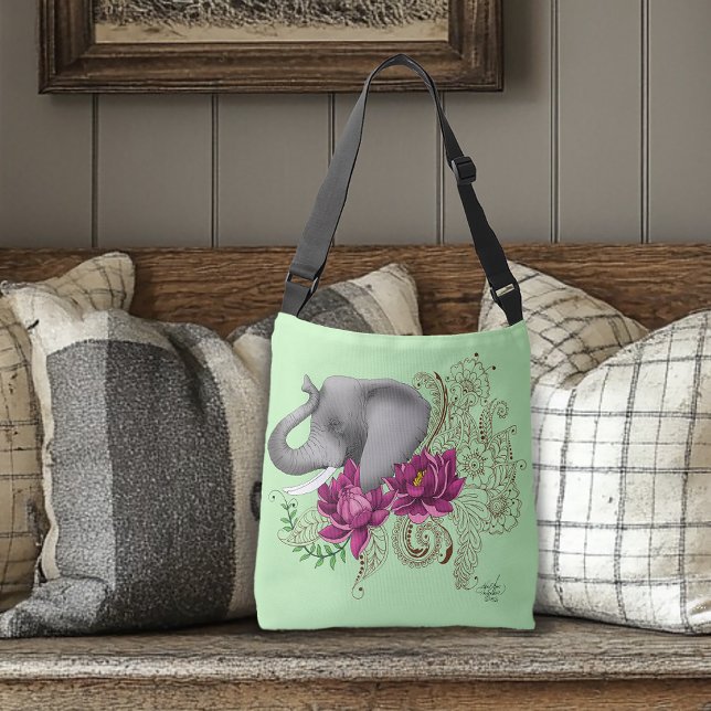 Floral Elephant Pink Lotus Henna Mandala Green Crossbody Bag (Creator Uploaded)
