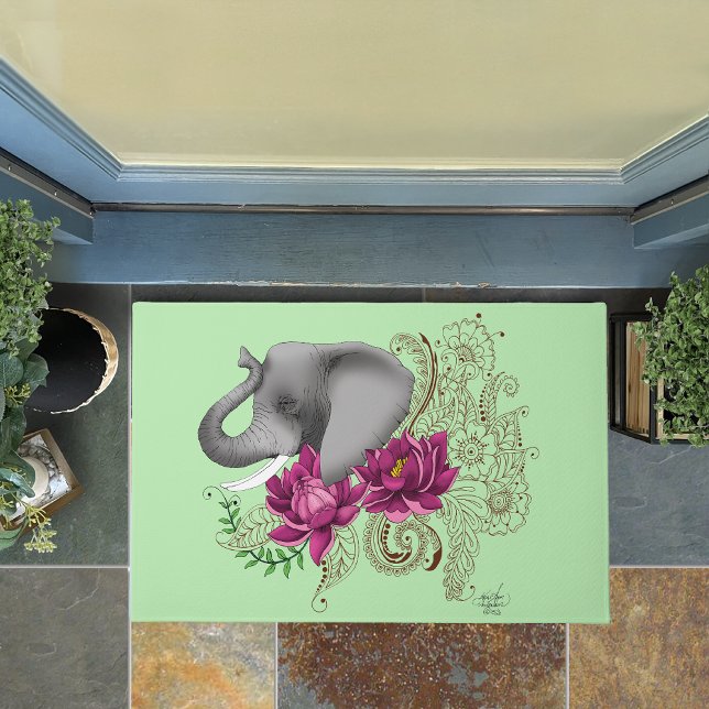 Floral Elephant Pink Lotus Henna Mandala Green Doormat (Creator Uploaded)