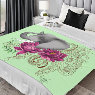 Floral Elephant Pink Lotus Henna Mandala Green Fleece Blanket