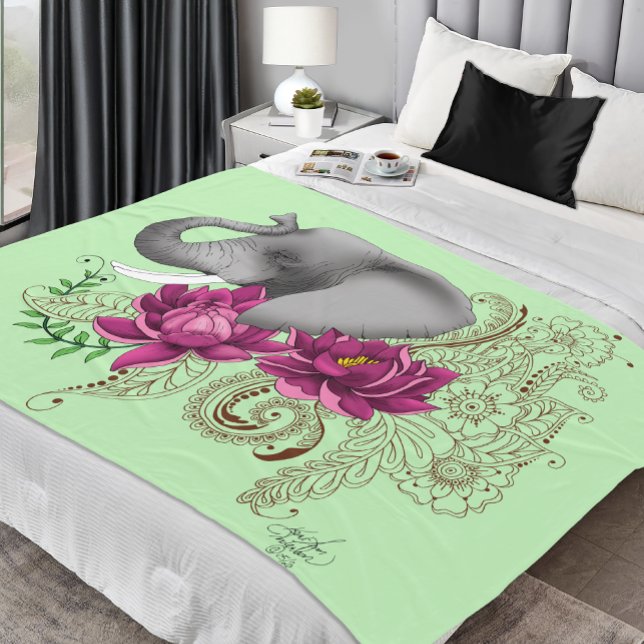 Floral Elephant Pink Lotus Henna Mandala Green Fleece Blanket (Creator Uploaded)