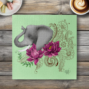 Floral Elephant Pink Lotus Henna Mandala Green Jigsaw Puzzle