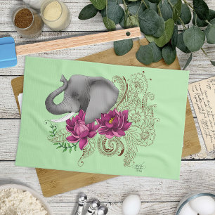 Floral Elephant Pink Lotus Henna Mandala Green Kitchen Towel