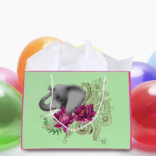Floral Elephant Pink Lotus Henna Mandala Green Large Gift Bag (Creator Uploaded)