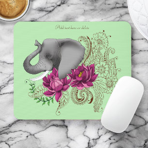 Floral Elephant Pink Lotus Henna Mandala Green Mouse Pad