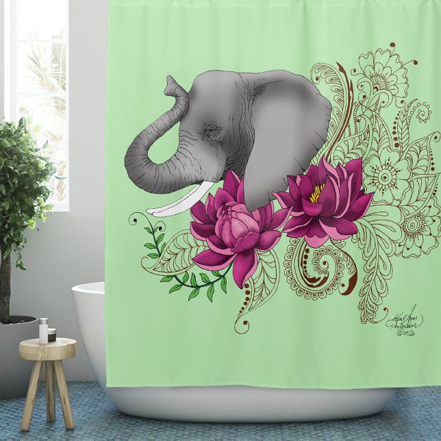 Floral Elephant Pink Lotus Henna Mandala Green Shower Curtain (Creator Uploaded)