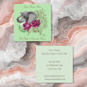 Floral Elephant Pink Lotus Henna Mandala Green Square Business Card