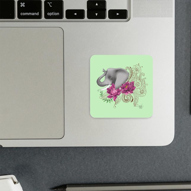 Floral Elephant Pink Lotus Henna Mandala Green Square Sticker (Creator Uploaded)
