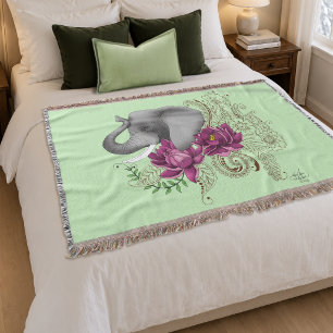 Floral Elephant Pink Lotus Henna Mandala Green Throw Blanket