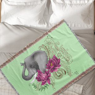 Floral Elephant Pink Lotus Henna Mandala Green Throw Blanket