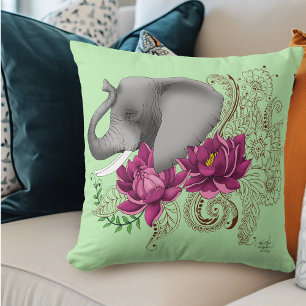 Floral Elephant Pink Lotus Henna Mandala Green Throw Pillow