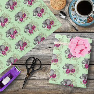 Floral Elephant Pink Lotus Henna Mandala Green Wrapping Paper
