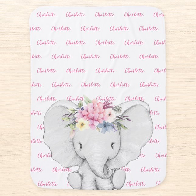 Floral Elephant Pink Personalized Girl Name Baby Blanket (Creator Uploaded)