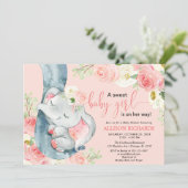 Floral elephant sweet baby girl blush pink cream invitation (Standing Front)