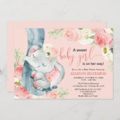 Floral elephant sweet baby girl blush pink cream invitation (Front/Back)