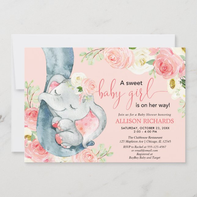 Floral elephant sweet baby girl blush pink cream invitation (Front)