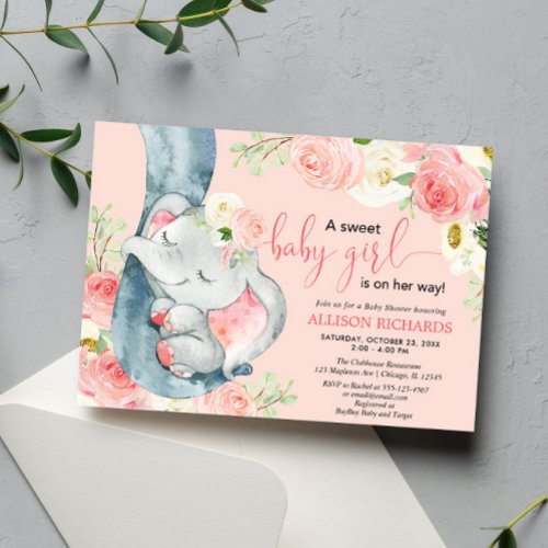 Floral elephant sweet baby girl blush pink cream invitation