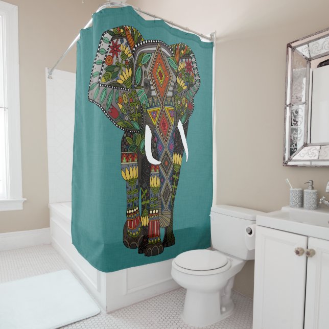 floral elephant teal shower curtain (In Situ)