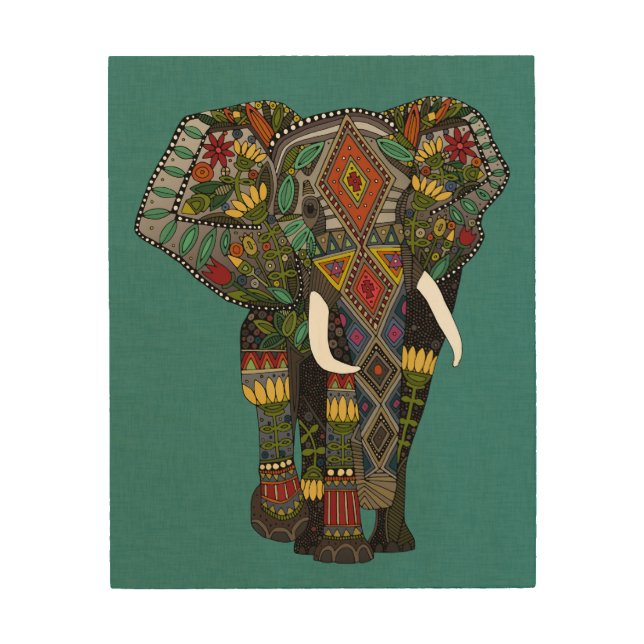 floral elephant teal wood wall art (Front)