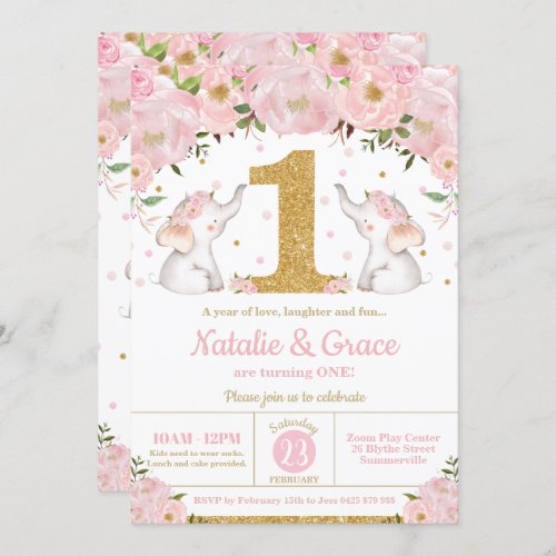 Floral Elephant Twin Girls 1st Birthday Party Invitation