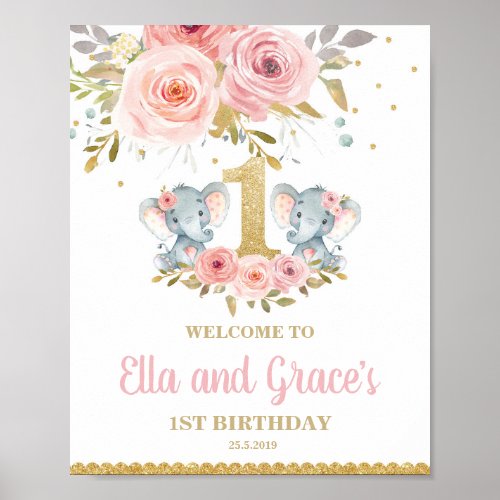 Floral Elephant Twin Girls 1st Birthday Welcome Poster