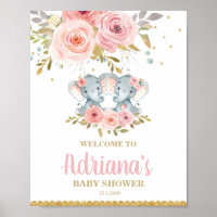 Floral Elephant Twin Girls Baby Shower Welcome Poster