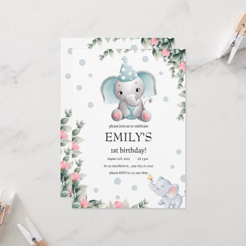 Floral Elephant Wild One 1st birthday Girl  Invitation