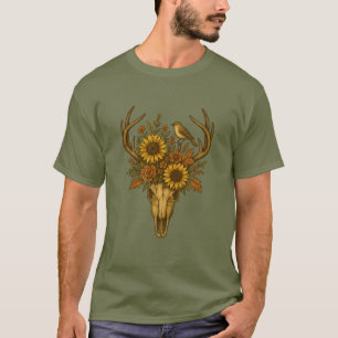 Floral Elk Skull with Sunflowers & Bird T-Shirt
