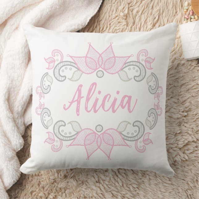 Floral Emblem Pink Flourish Customizable Name Throw Pillow (Blanket)