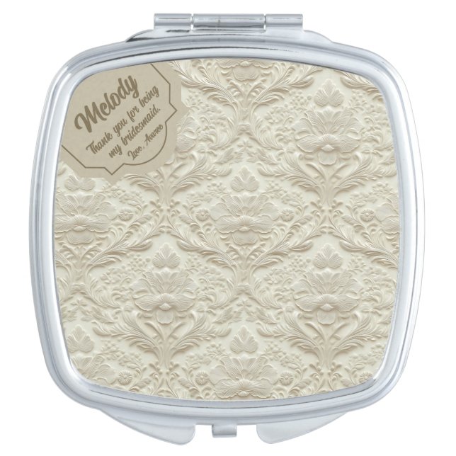 Floral Embossed Ivory Pattern  Compact Mirror (Front)