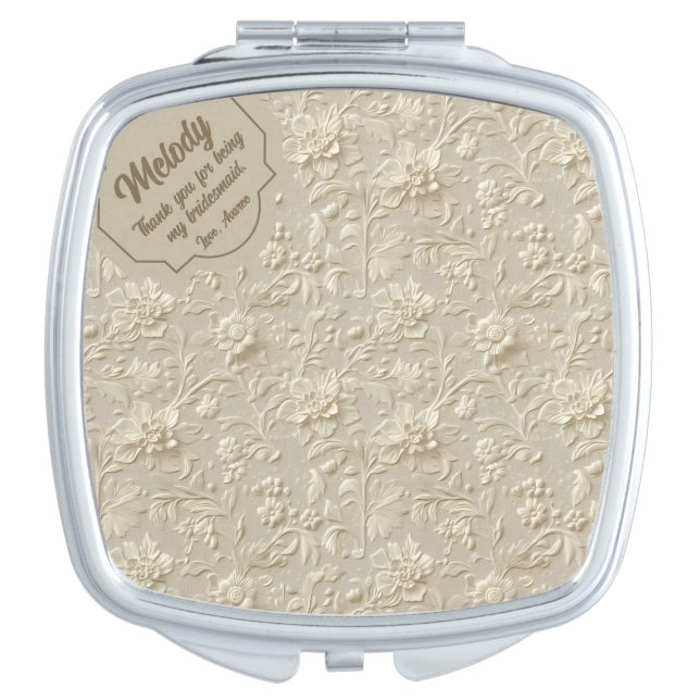 Floral Embossed Ivory Pattern  Compact Mirror (Front)