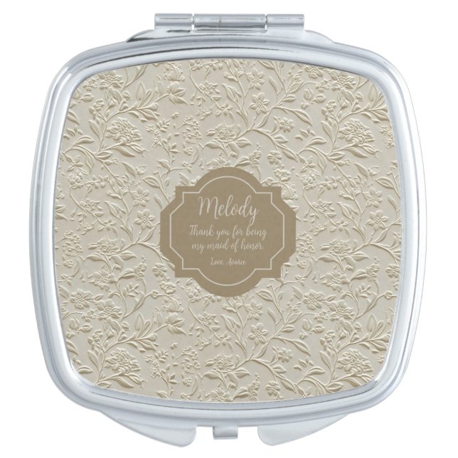 Floral Embossed Ivory Pattern  Compact Mirror (Front)