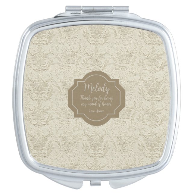 Floral Embossed Ivory Pattern  Compact Mirror (Front)