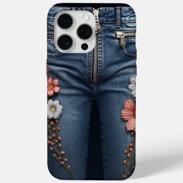 Floral Embroidered Denim Look Case-Mate iPhone Case (Back)