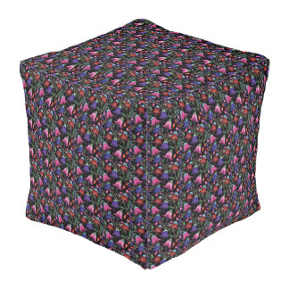Floral Embroidery on Dark Fabric Pouf