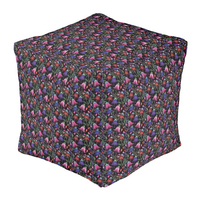 Floral Embroidery on Dark Fabric Pouf (Angled Front)