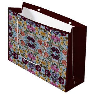 Floral Embroidery Pattern with Beautiful Flowers Large Gift Bag
