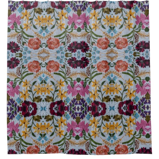 Floral Embroidery Pattern with Beautiful Flowers Shower Curtain (Front)