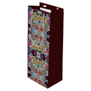 Floral Embroidery Pattern with Beautiful Flowers Wine Gift Bag