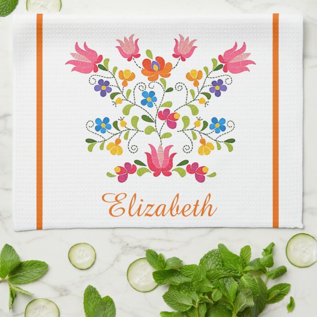 Floral embroidery personalized kitchen towel (Folded)