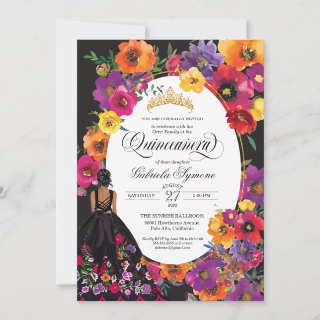 Floral Embroidery Watercolor Flowers Quinceanera Invitation (Front)