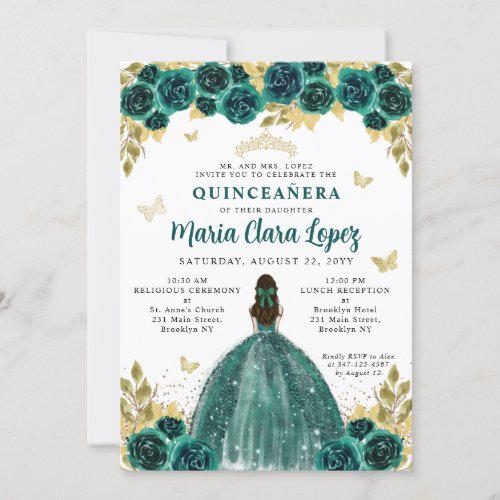 Floral Emerald Gold Butterfly Princess Quinceanera Invitation