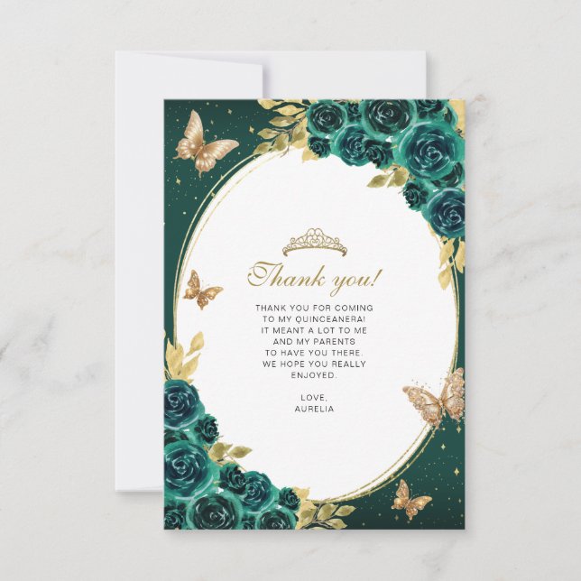 Floral Emerald Gold Butterfly Quinceañera Photo Note Card (Front)