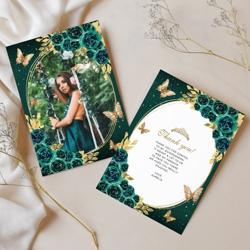 Floral Emerald Gold Butterfly Quinceaera Photo Thank You Card