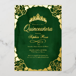 Floral Emerald Gold Crown Quinceanera  Foil Invitation