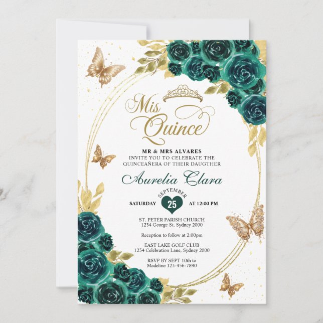 Floral Emerald Gold Tiara Butterfly Quinceañera Invitation (Front)