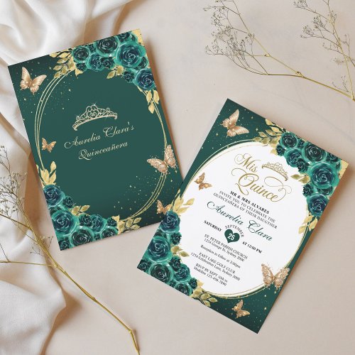 Floral Emerald Gold Tiara Butterfly Quinceaera Invitation