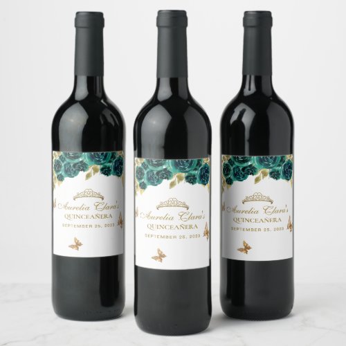 Floral Emerald Gold Tiara Butterfly Quinceaera Wine Label