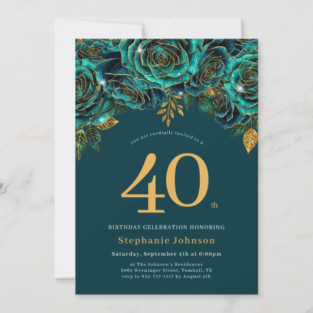 Floral Emerald Green and Gold 40th Birthday Invitation (Front)