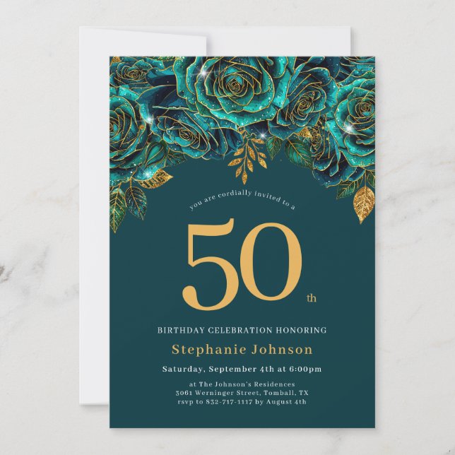 Floral Emerald Green and Gold 50th Birthday Invitation (Front)